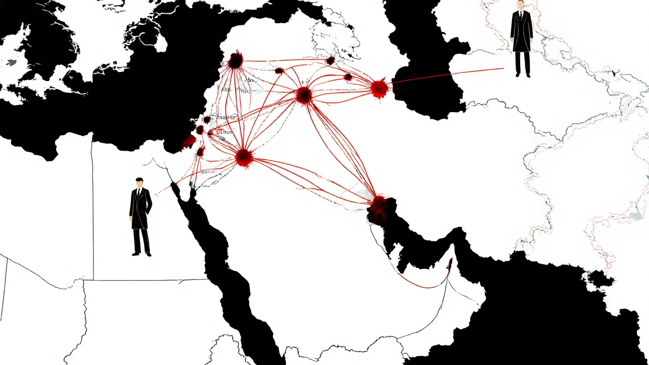 Mapa s tajnými spojeními mezi Izraelem a evropskými městy, znázorňující zpravodajskou síť.