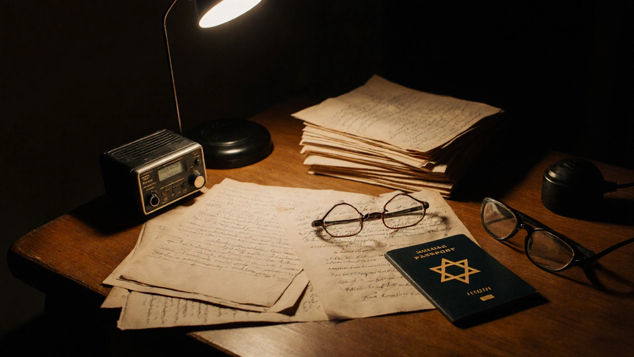 Staré tajné dokumenty a výstroj zpravodajského agenta na stolku s lampou.